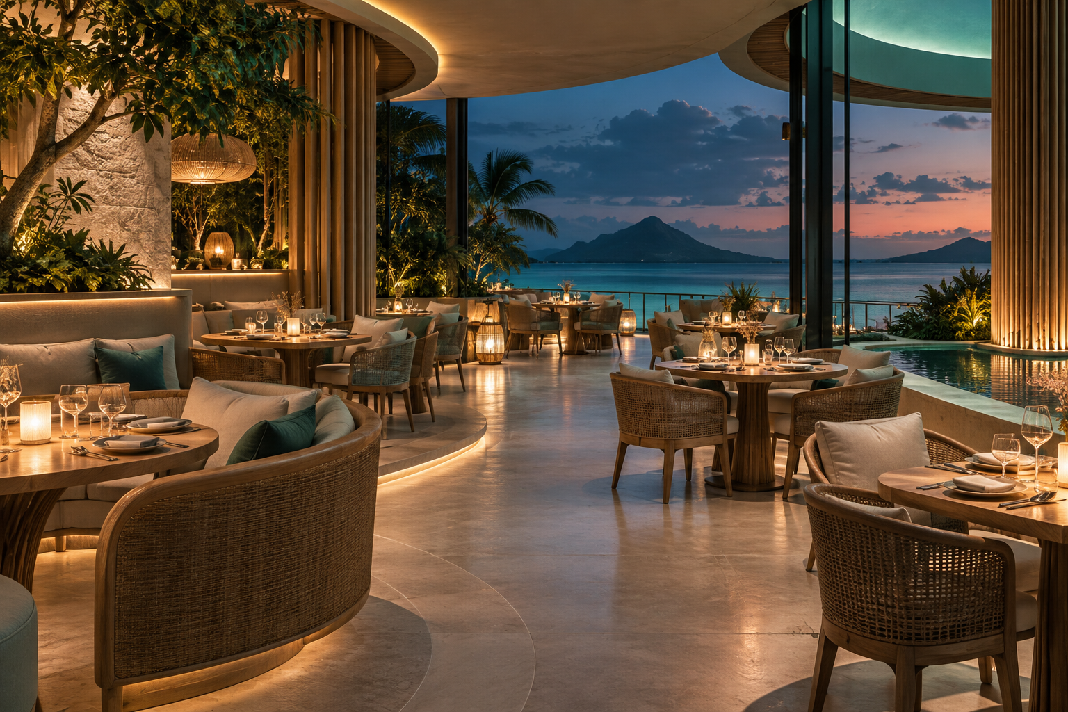 Restaurant chaleureux pendant le service au bord d’un lagon